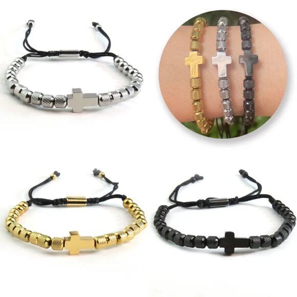 3/$35 Men's Adjustable Cross Bracelet Stainless Steel Silver Beaded Jewelry - Picture 4 of 8